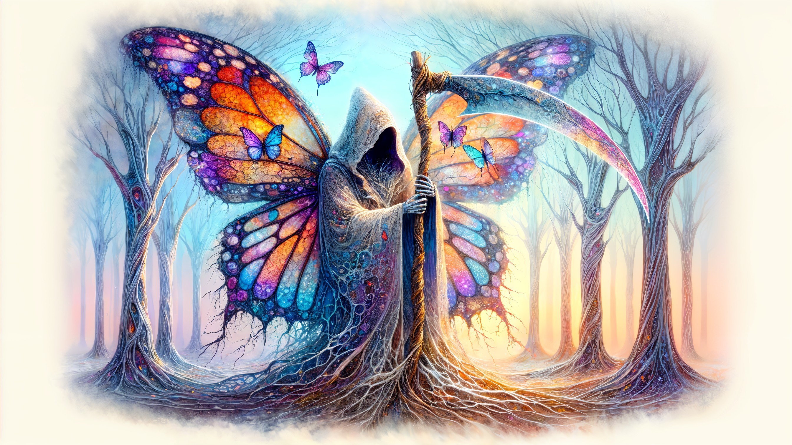 Mystical figure in dark robes with colorful wings in forest
