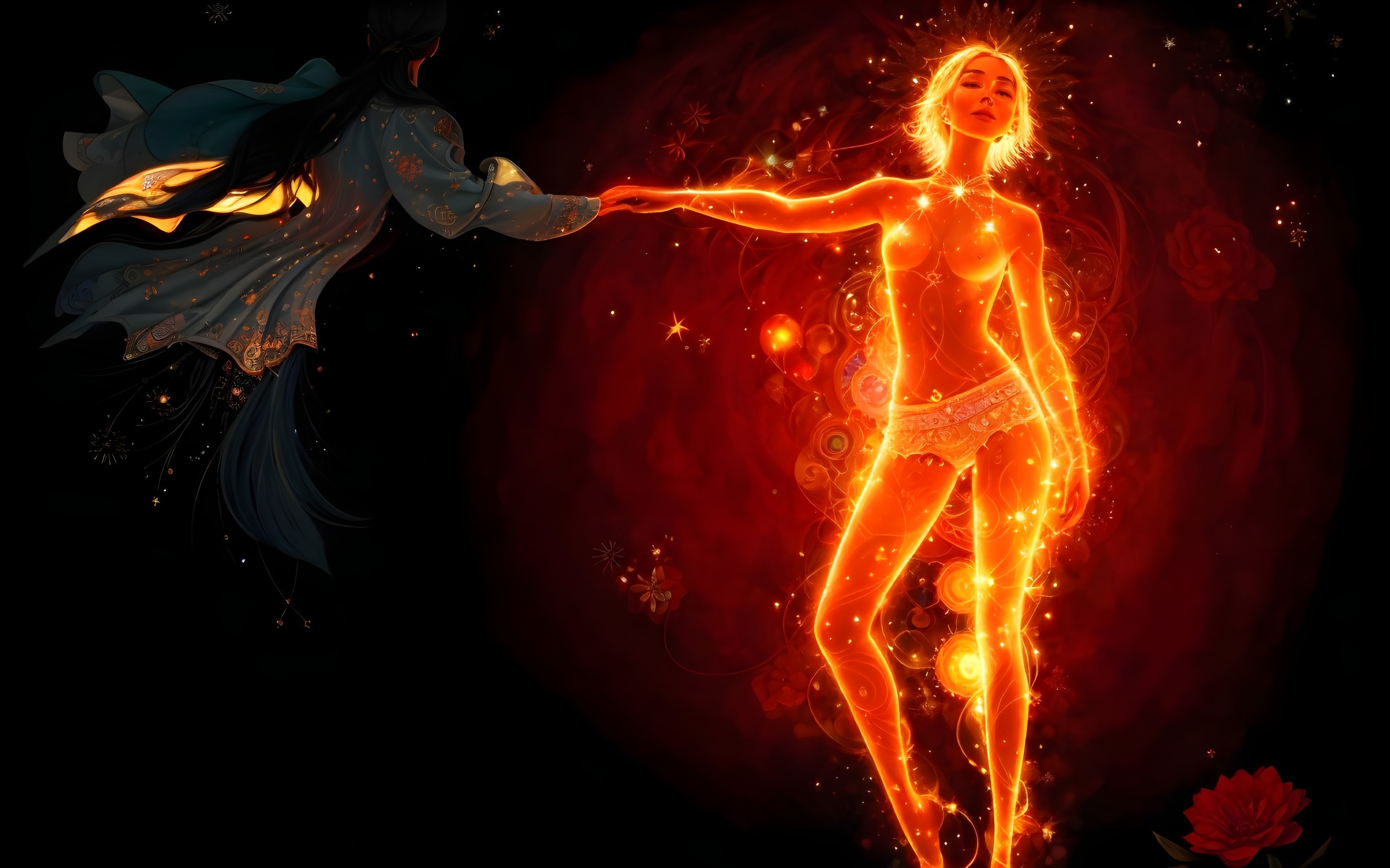 Fiery female figure offering hand to cloaked figure in cosmic scene