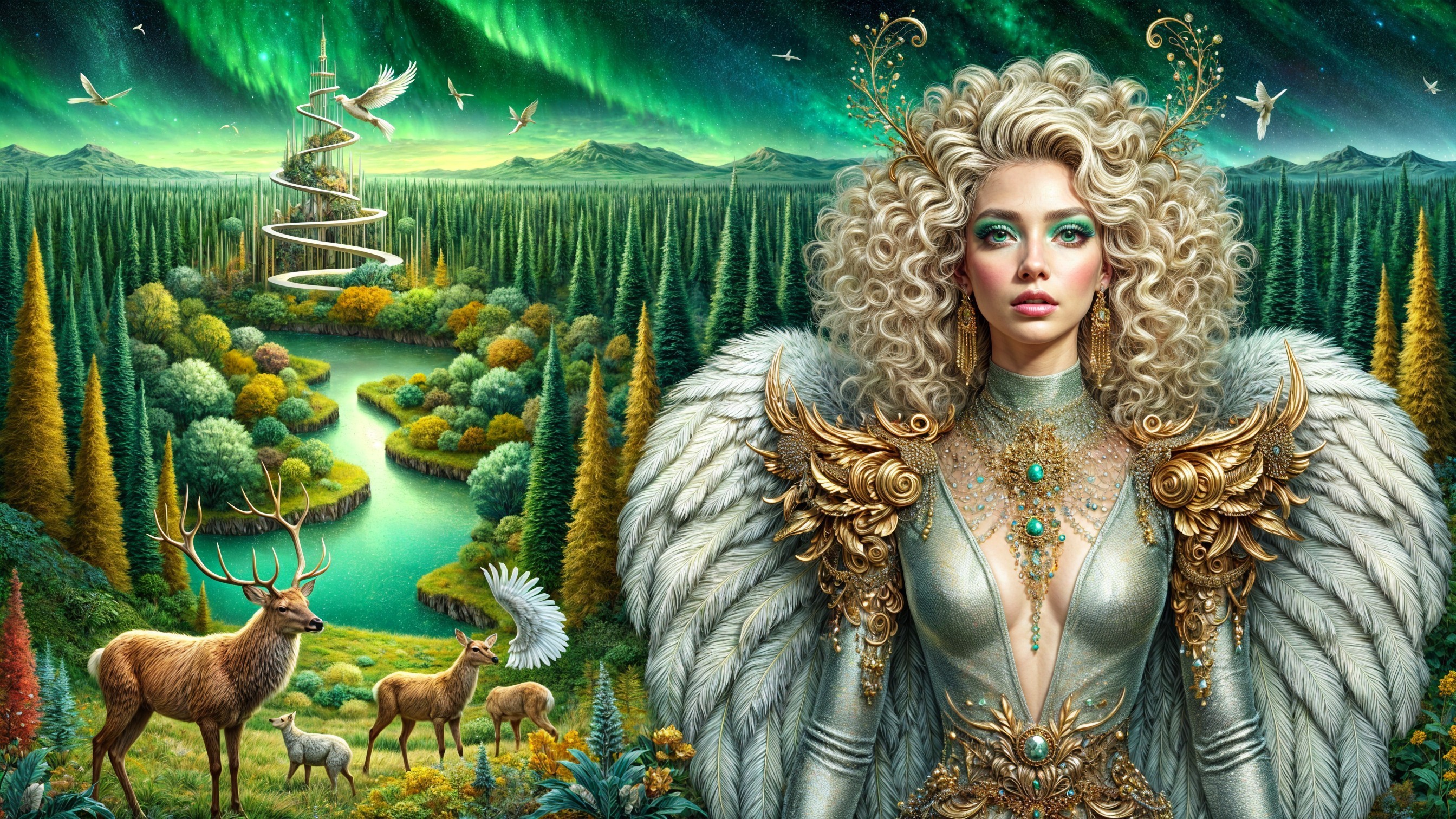 Majestic Woman in Silver Amidst Northern Lights and Nature