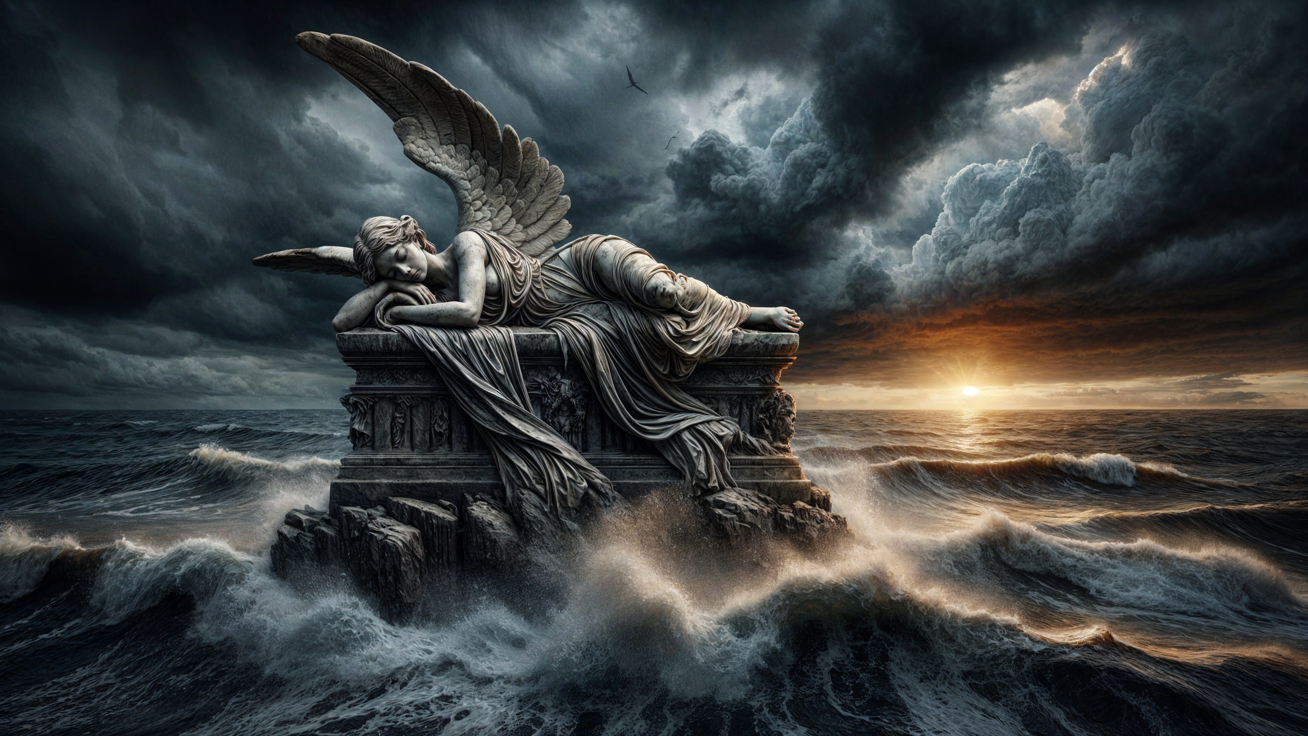 Stone Angel on Crumbling Pedestal Amidst Stormy Waves