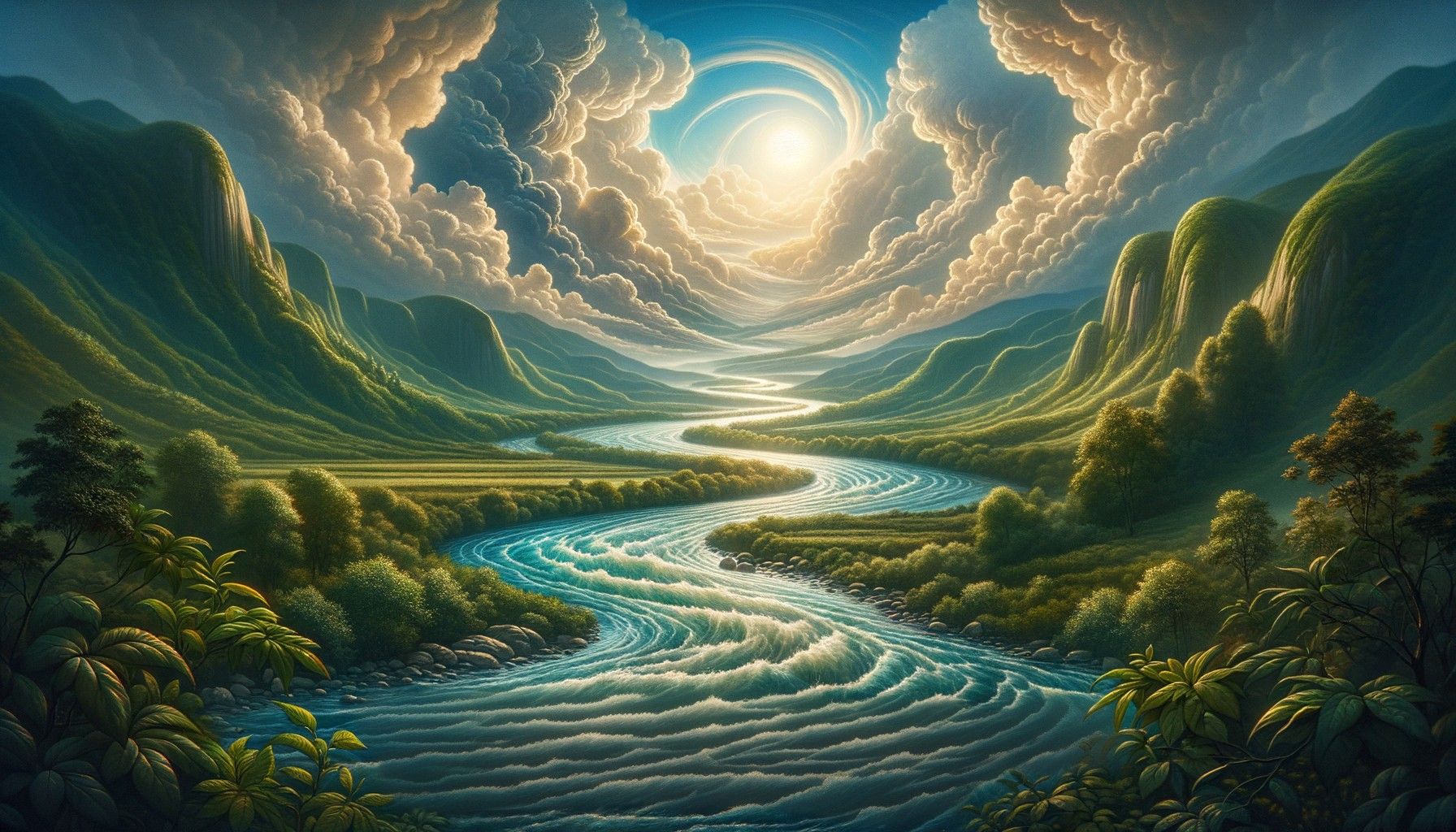 Serene Landscape with River and Towering Mountains