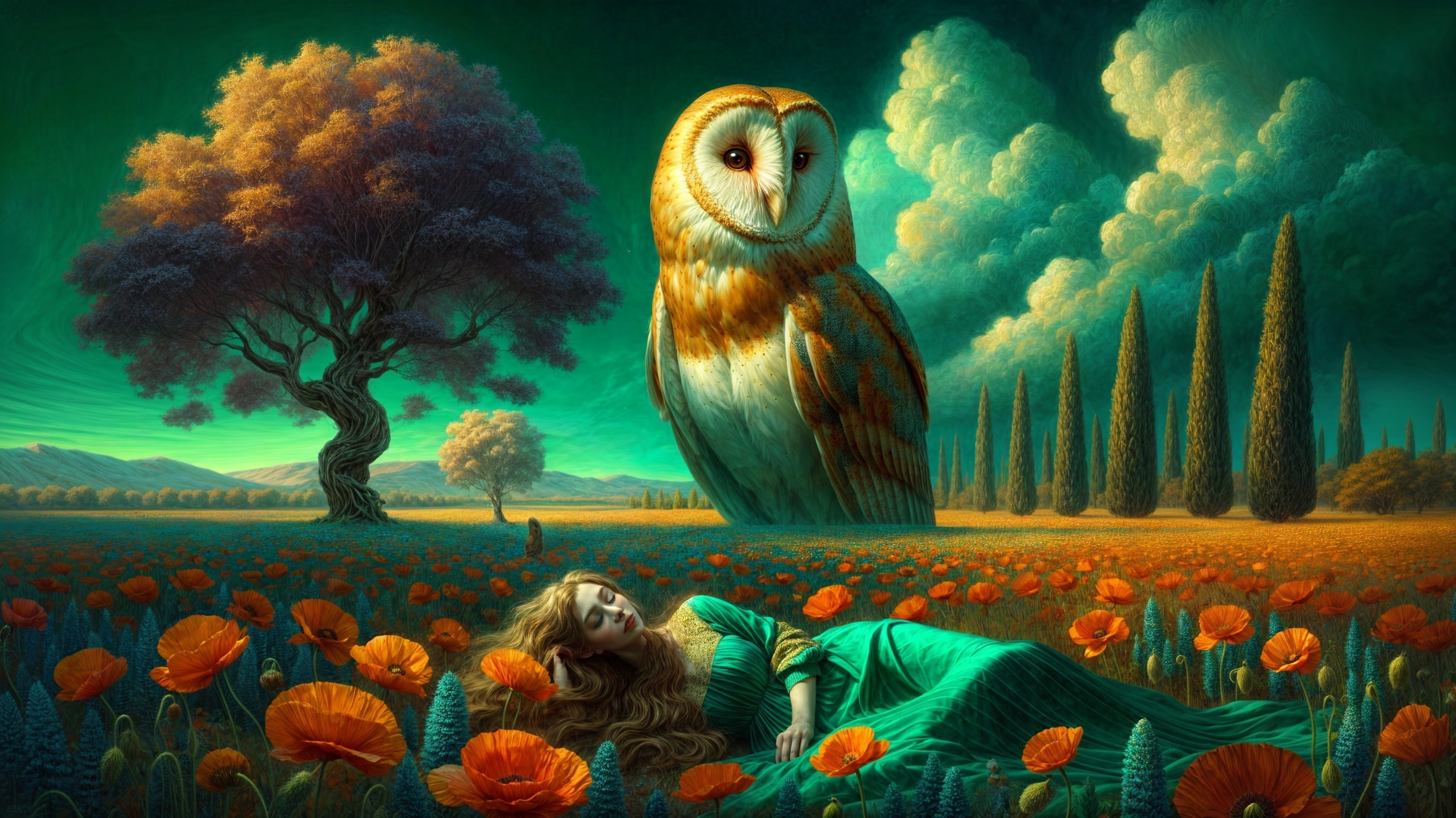 Surreal Landscape with Woman and Majestic Owl