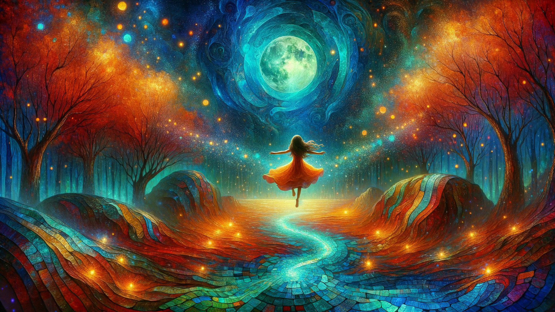 Mystical Landscape with Dancing Woman and Colorful River