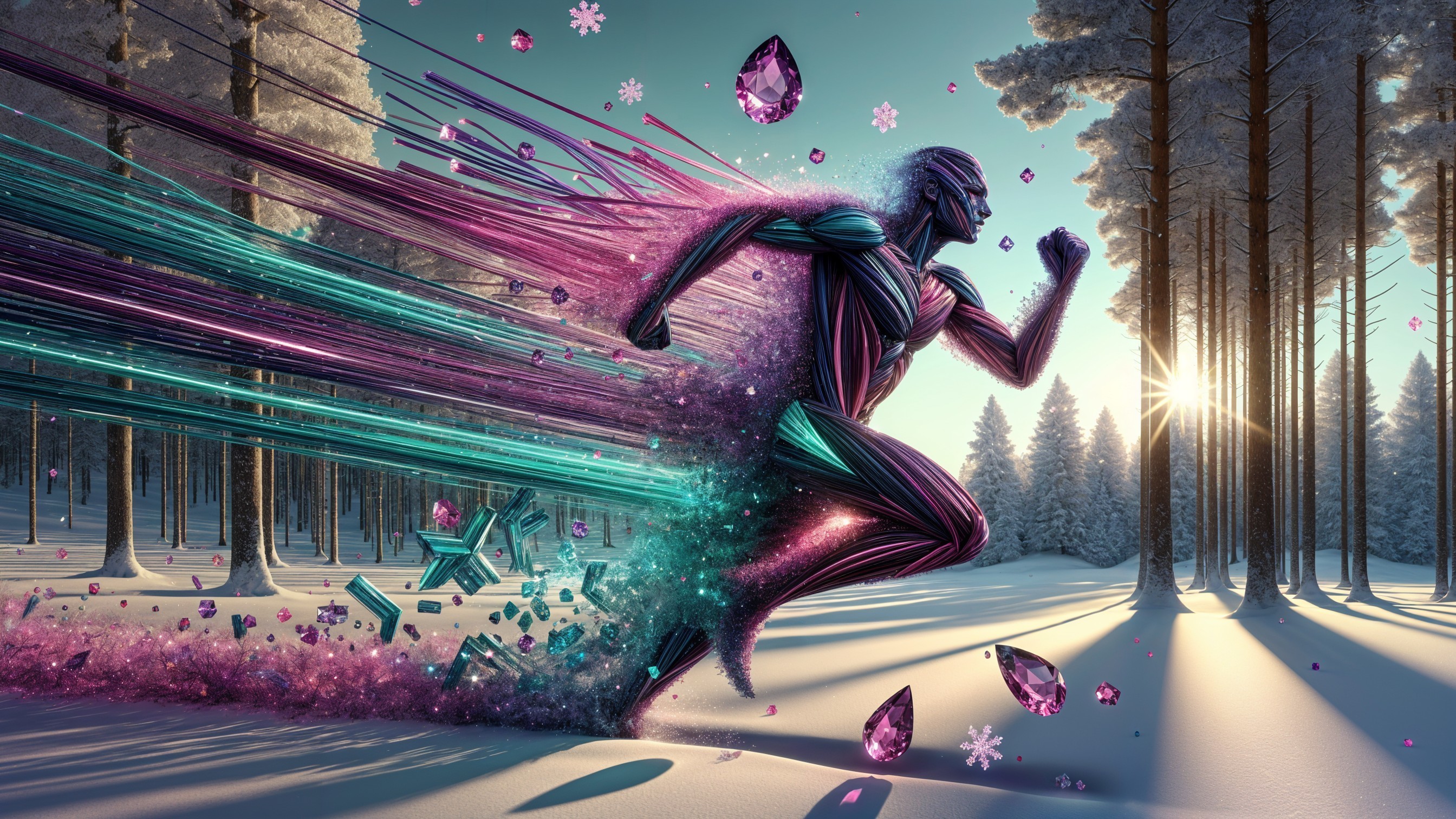 Stylized figure in vibrant colors against winter landscape