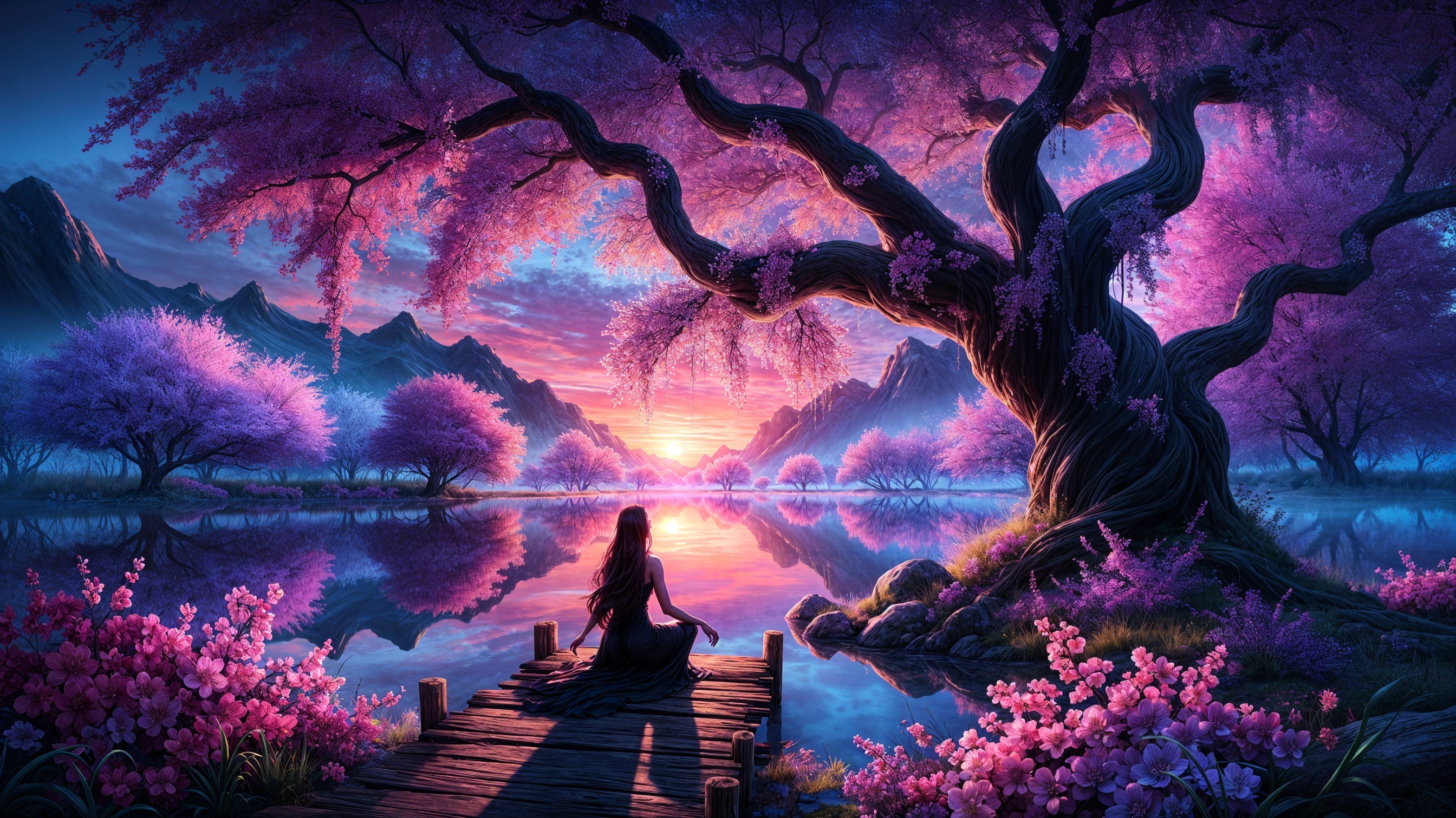 Tranquil Lake at Sunset with Blossoming Tree and Figure