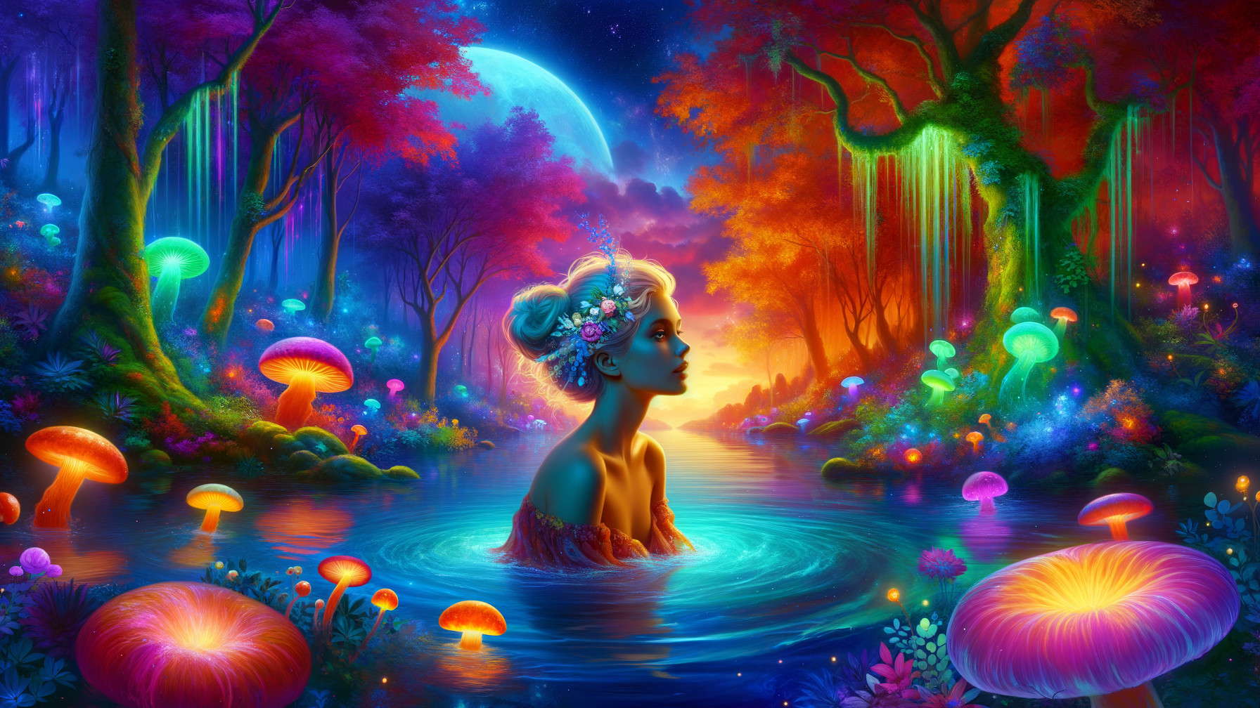 Serene figure in a magical, vibrant landscape scene