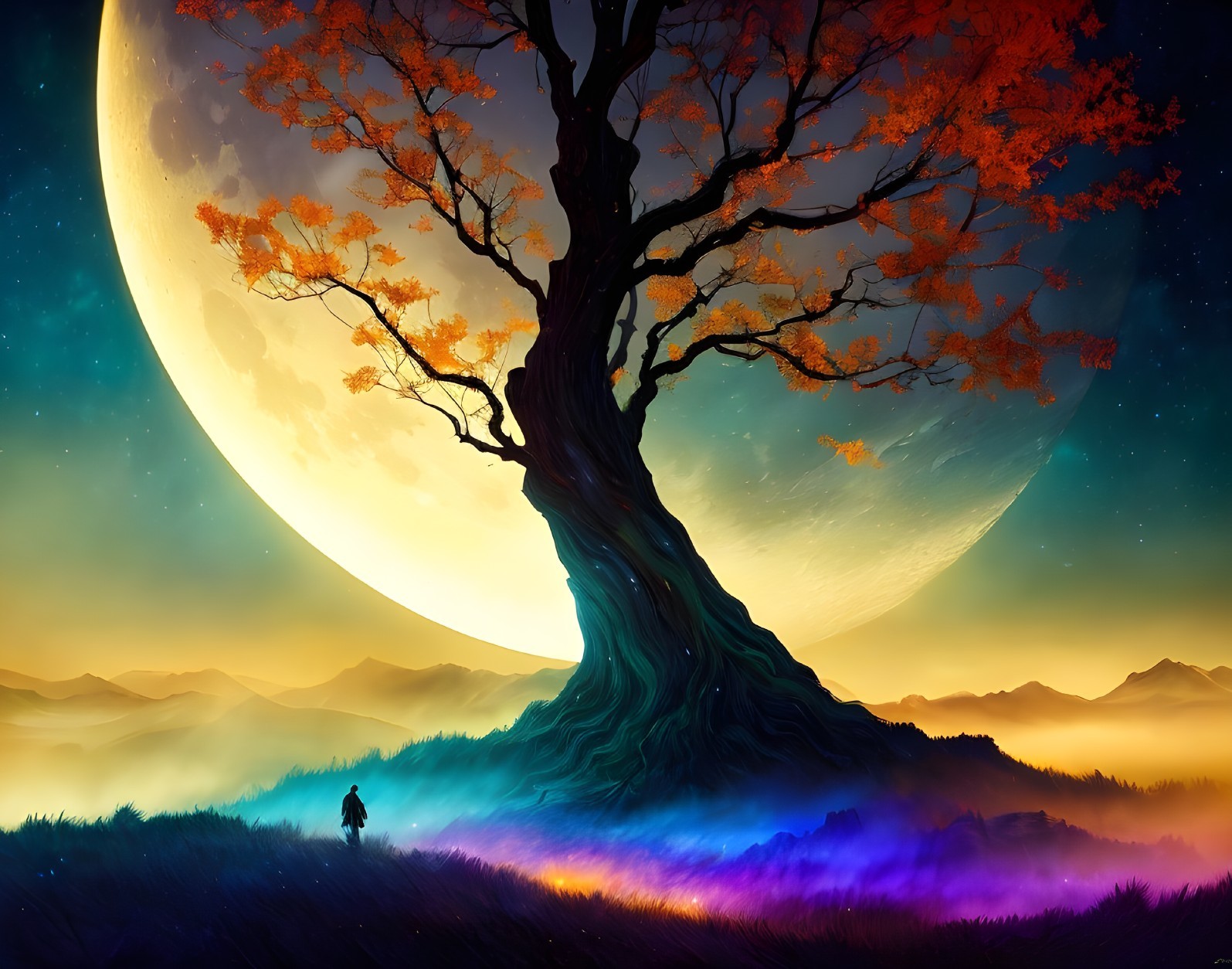 Traveler beneath fiery autumn tree with moon and twilight horizon