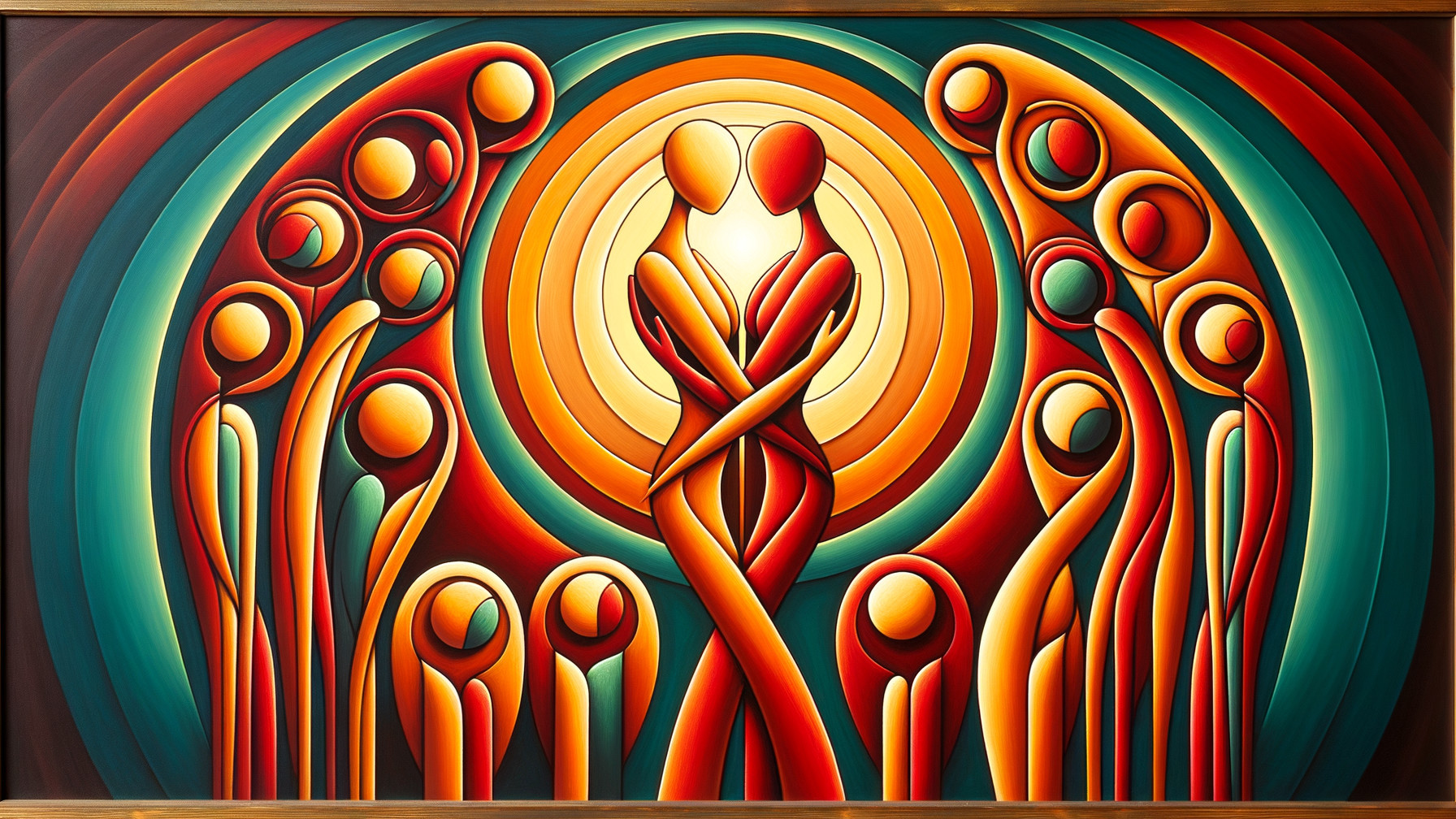 Intertwined Figures with Vibrant Silhouettes and Patterns