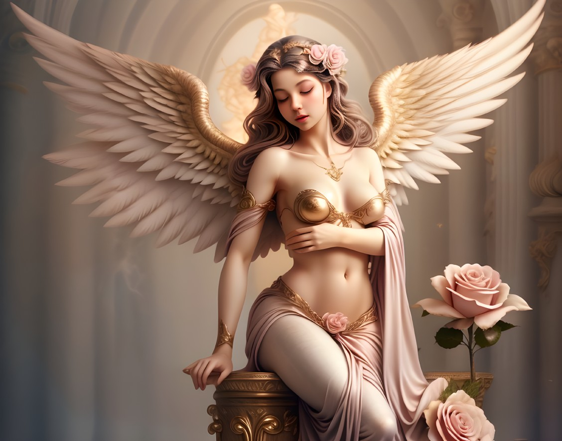 Serene angel with feathered wings on a pedestal