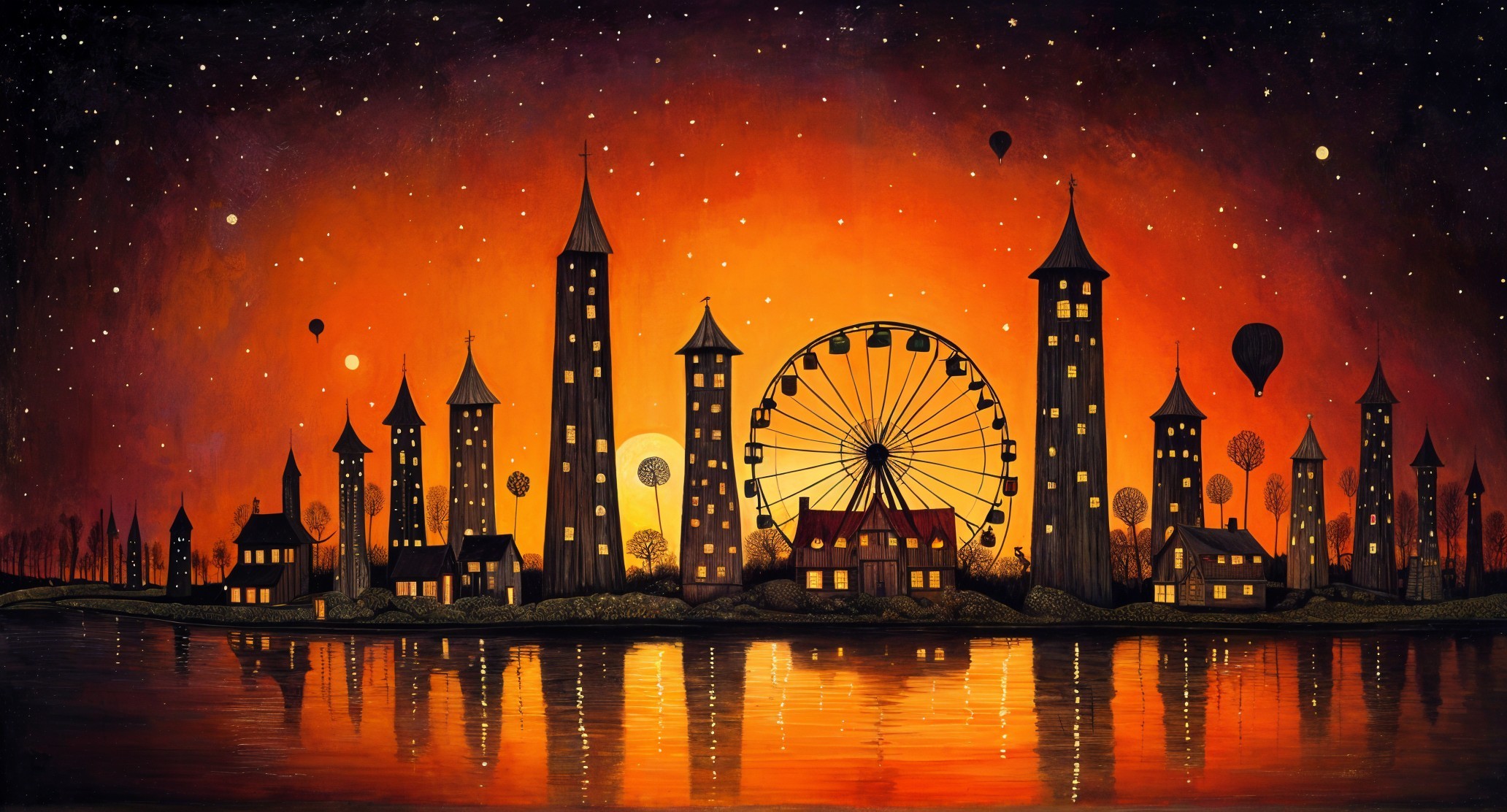 Vibrant Sunset Over Whimsical Skyline with Balloons