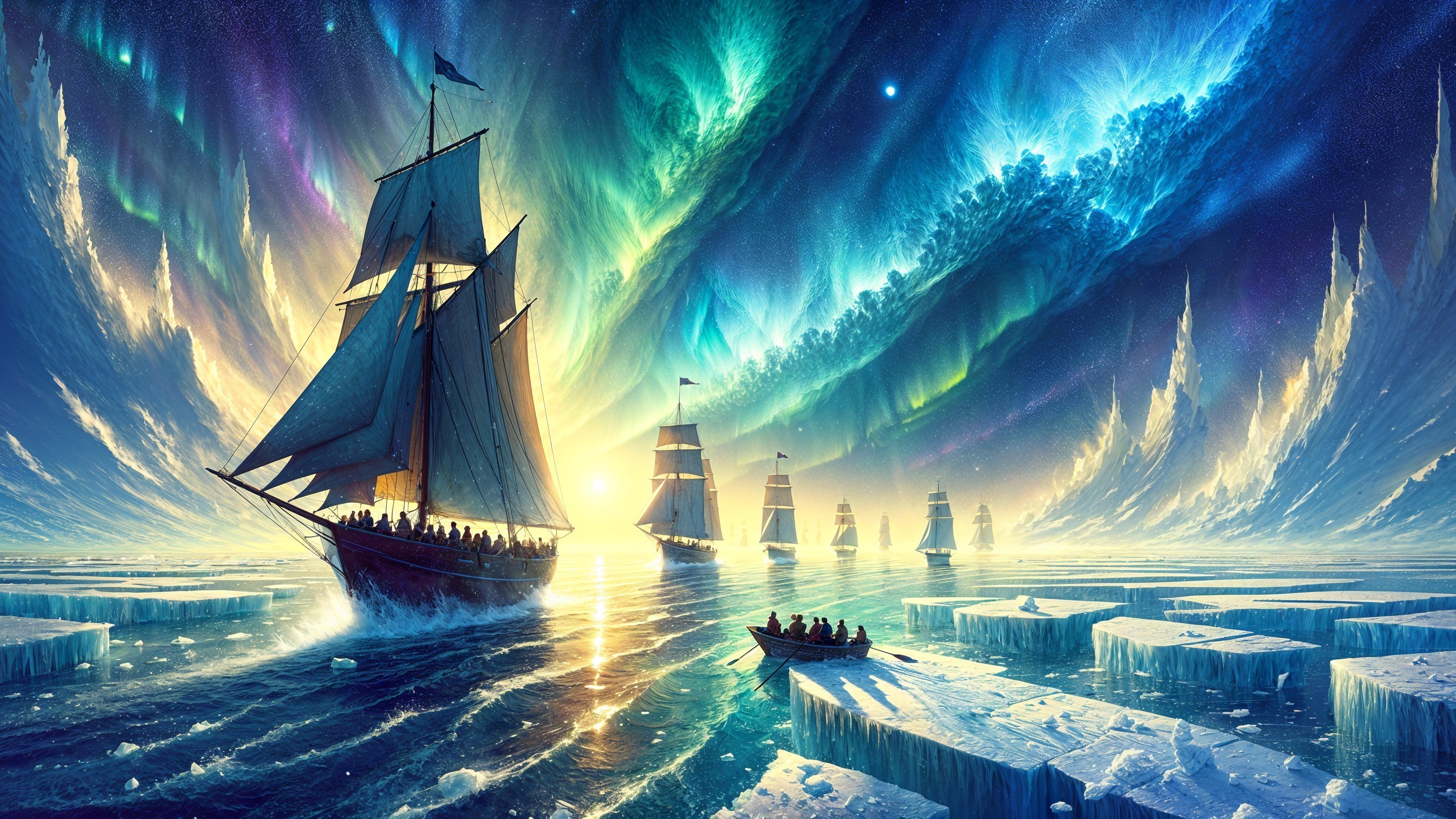 Majestic Sailing Ships in Icy Waters with Auroras