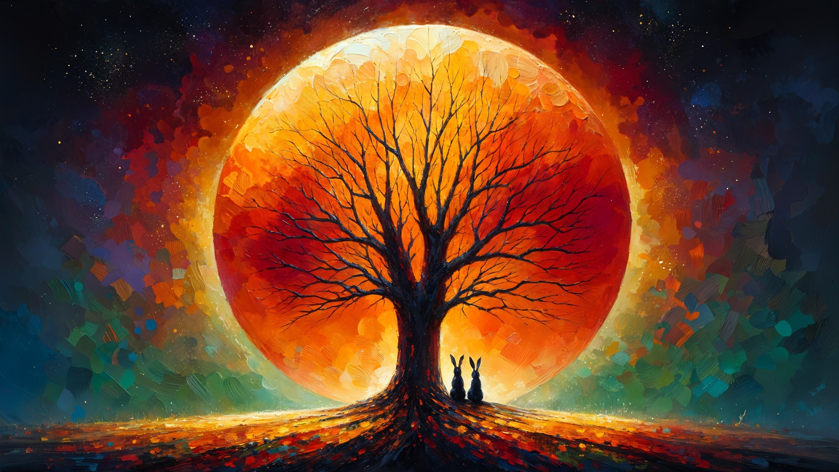 Surreal Landscape with Vibrant Sunrise and Rabbits