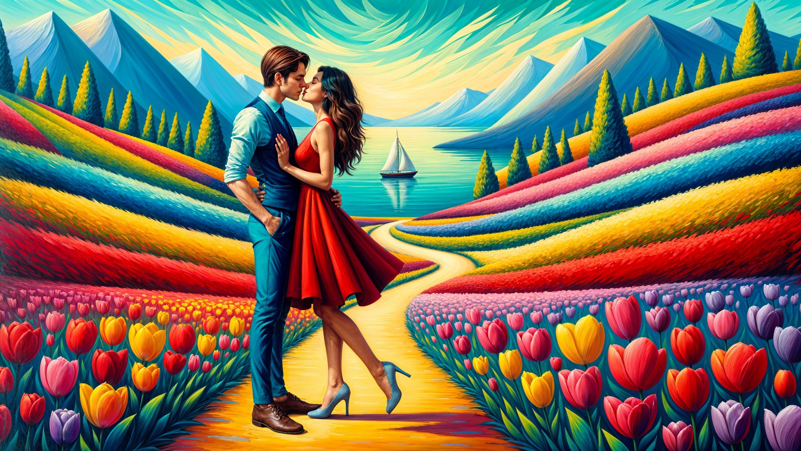 Couple Embracing in Colorful Tulip Landscape