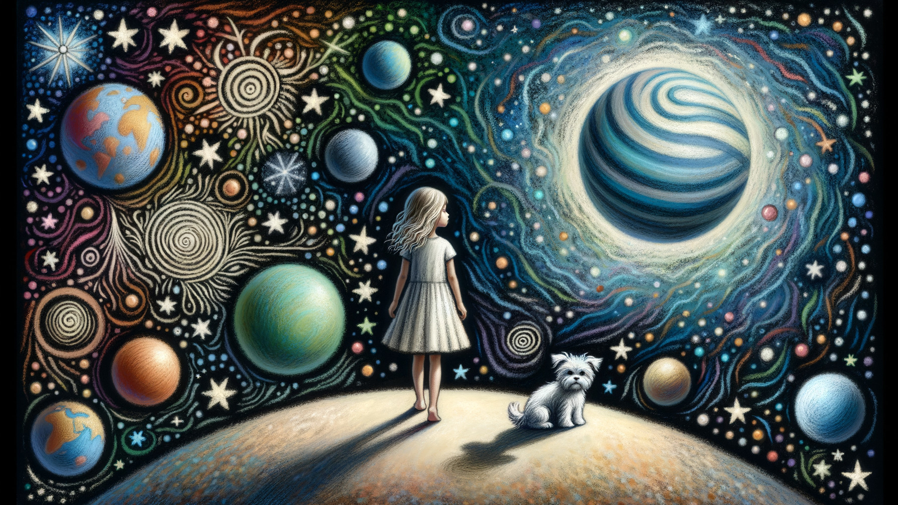 Young girl and dog on surreal planet under cosmos