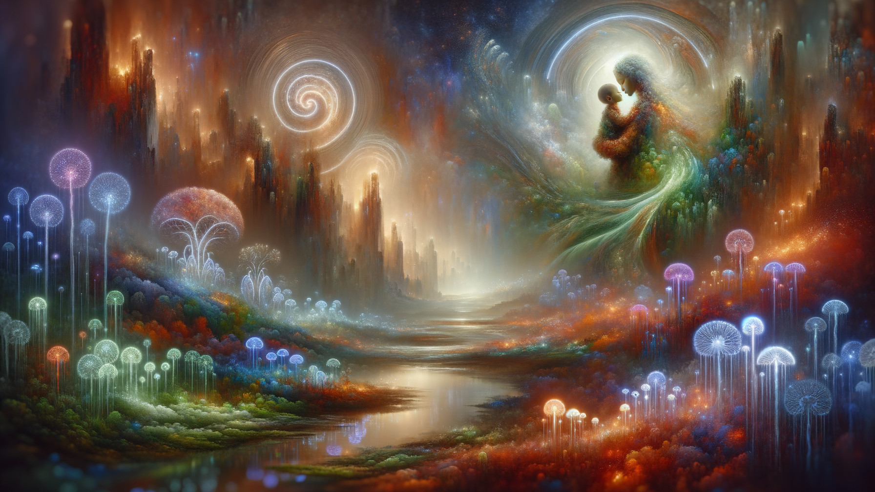 Dreamy Landscape with Ethereal Forms and Colors