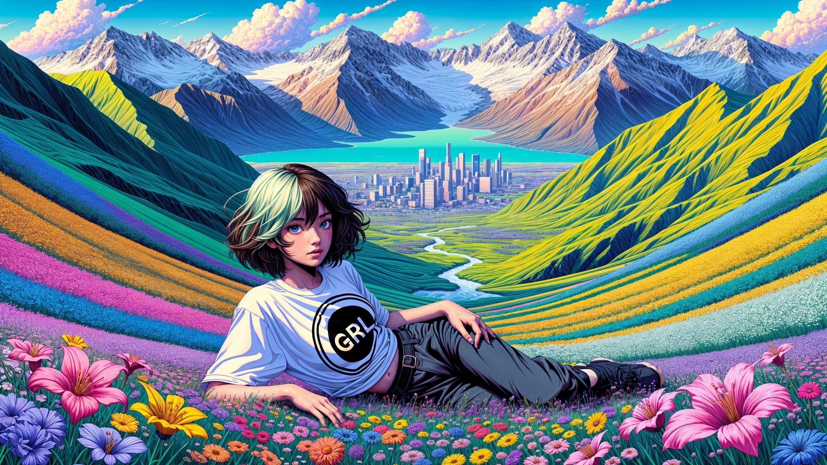 Young woman in vibrant flowers with mountains and lake