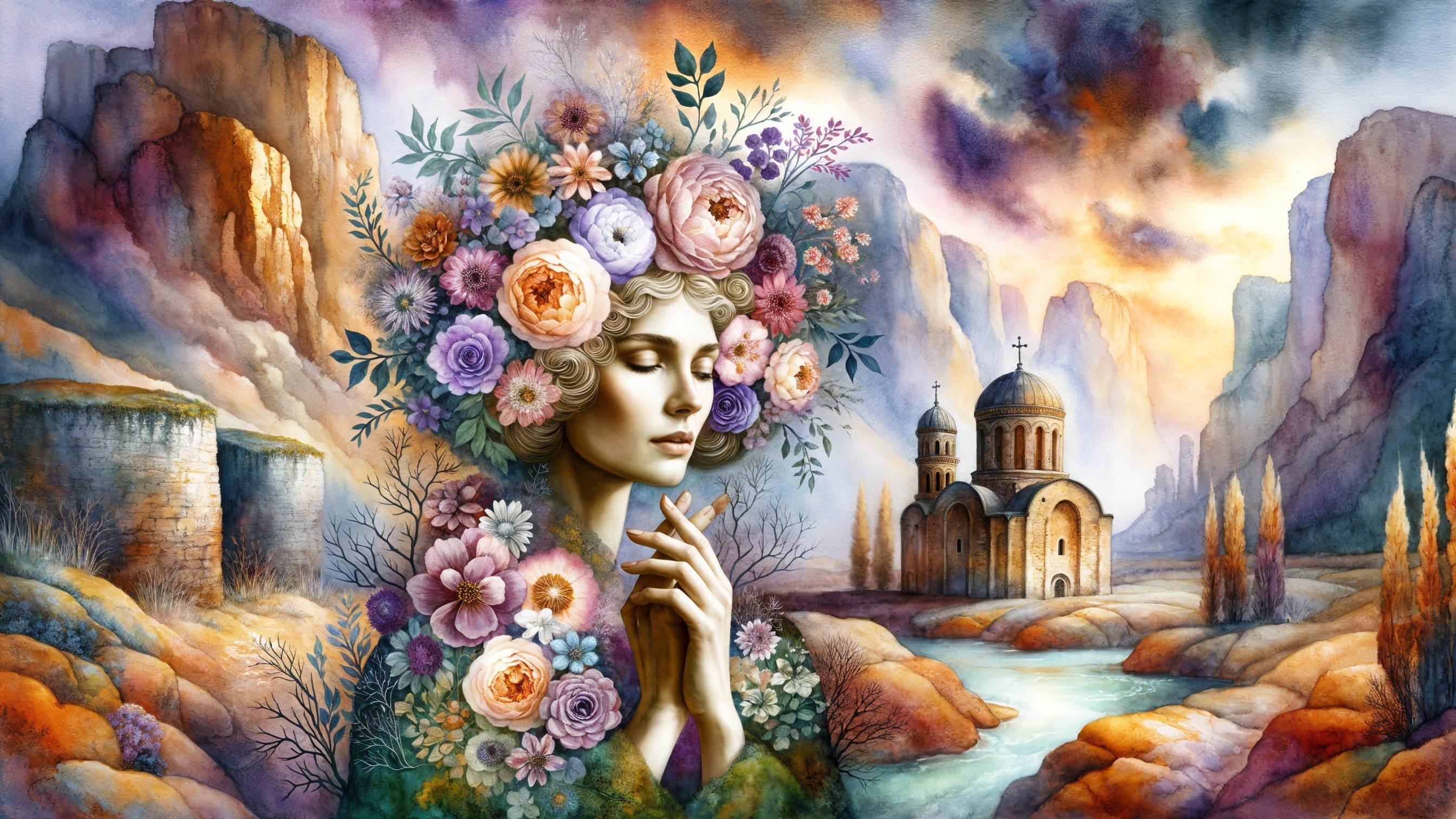 Serene Female Figure in Floral Crown and Scenic Landscape