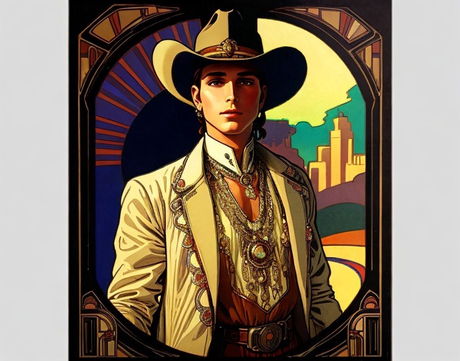 Stylish Cowboy in Decorative Coat with Vibrant Background