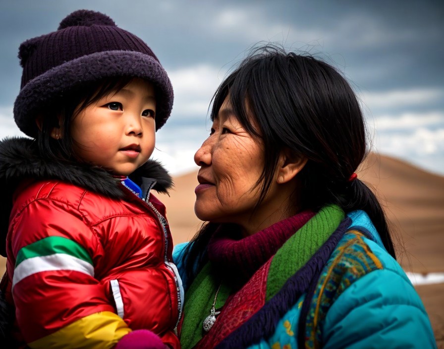 Woman holding child in warm clothing under cloudy skies and sand dunes.