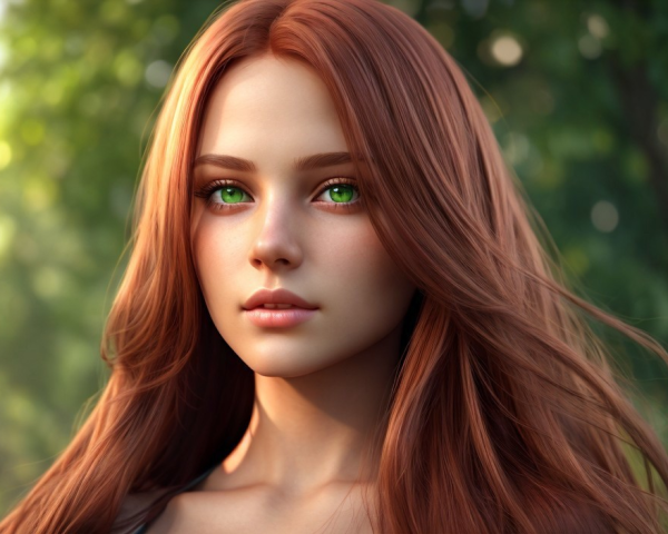 Portrait of woman with auburn hair and green eyes on natural background
