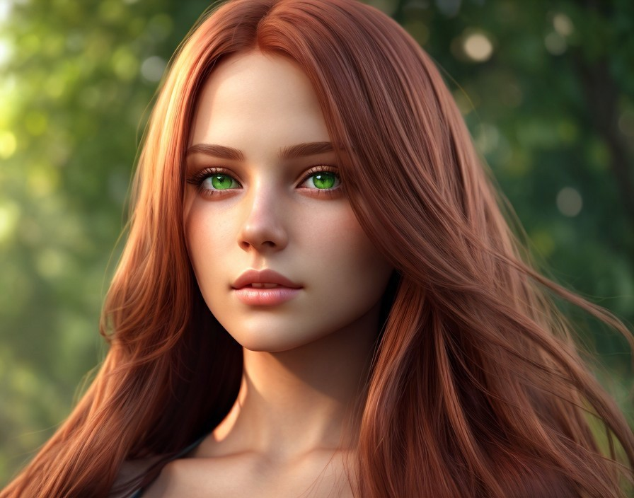 Portrait of woman with auburn hair and green eyes on natural background
