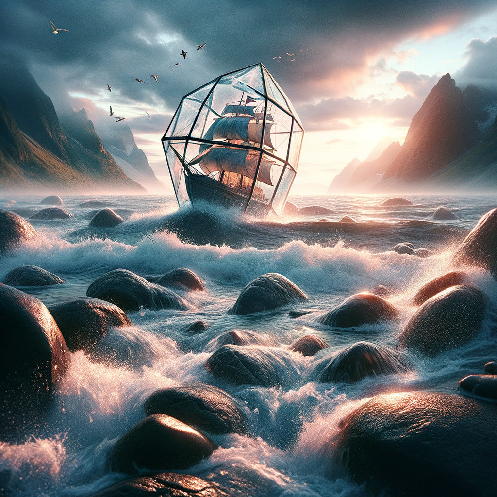Ship in Geometric Structure Amidst Dramatic Landscape