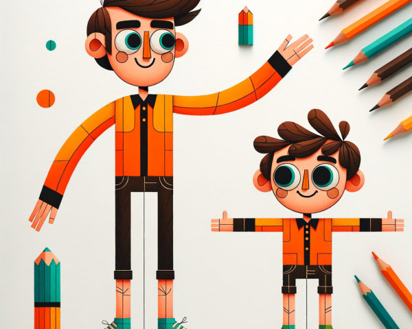 Cartoon Illustration of Tall Man and Smaller Boy