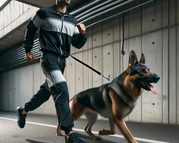 Fit Man Jogging with Happy German Shepherd in Corridor