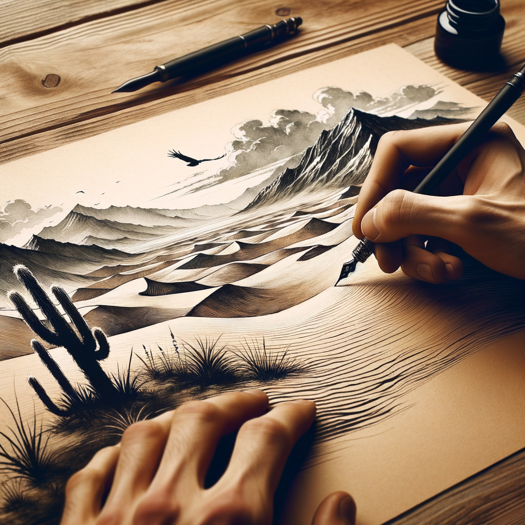 Desert Landscape Illustration in Black and Grey Tones