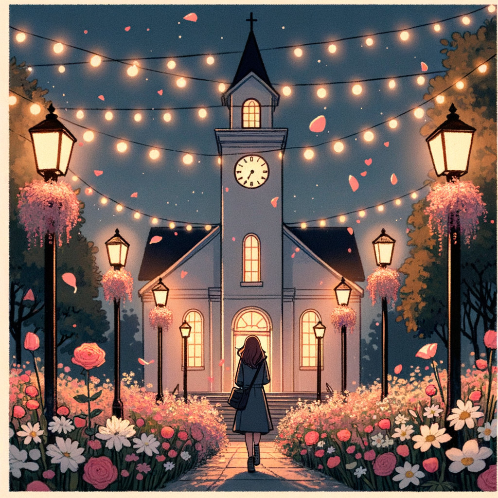 Serene Evening Scene with Church and Flower Pathway