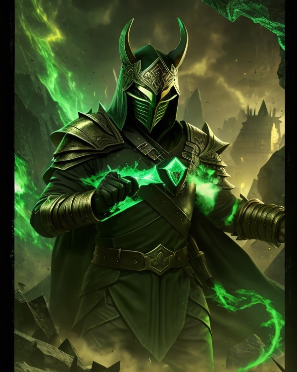 Dark armored figure with green accents in front of castle-like backdrop.