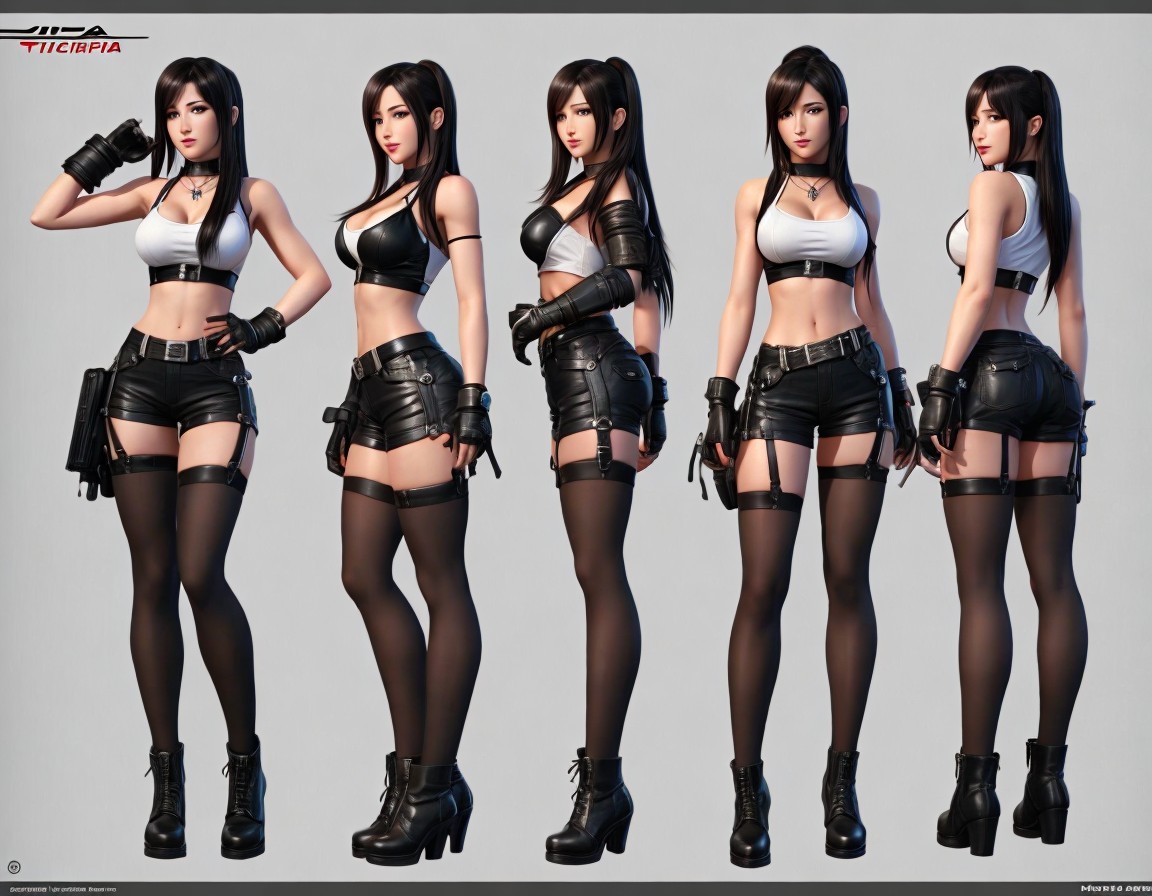 Various poses of animated female character in black and white outfit