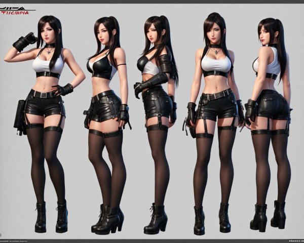 Various poses of animated female character in black and white outfit