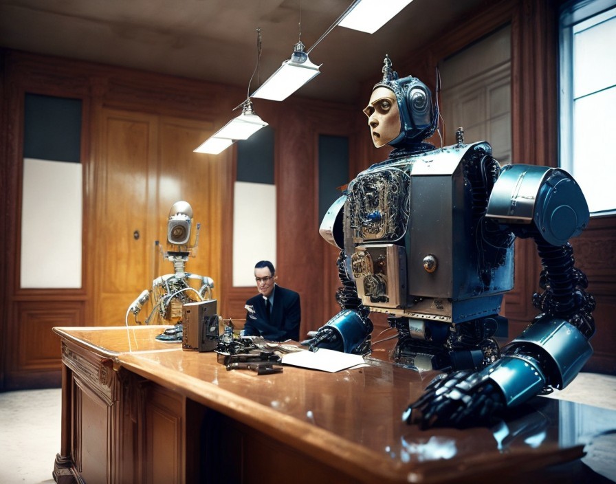 Intricate humanoid robot interacts with man and smaller robot at desk