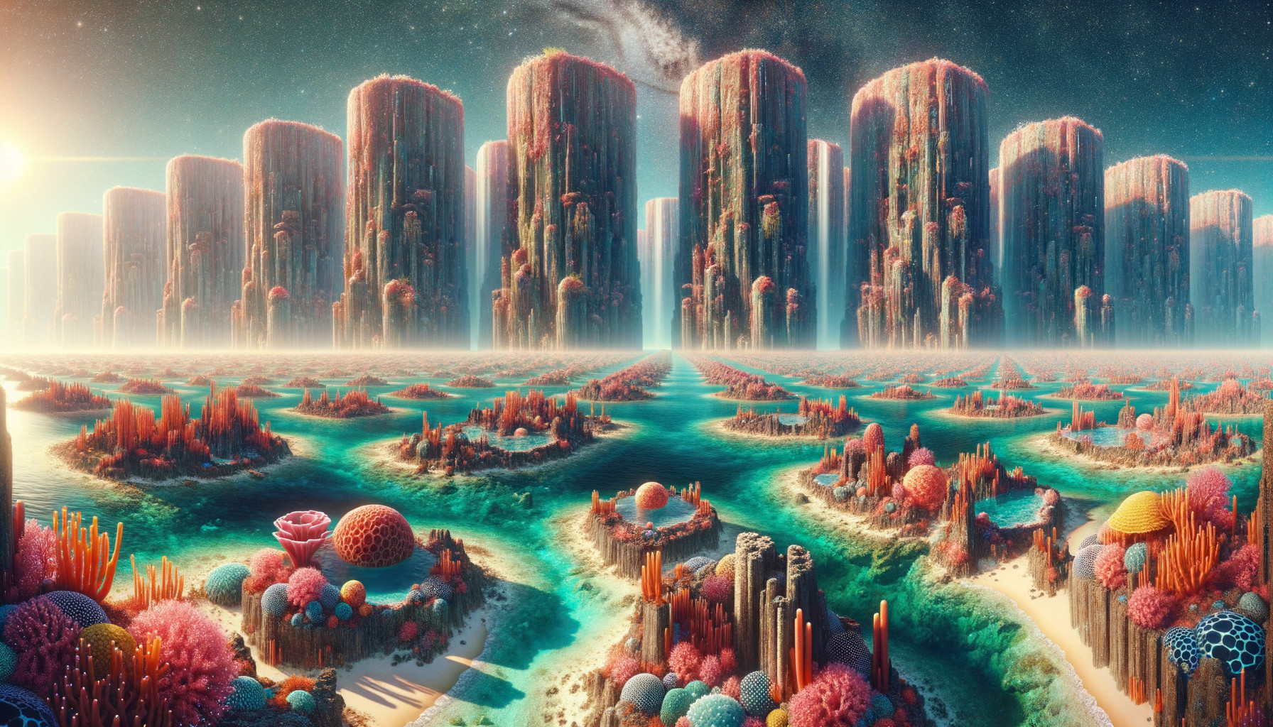 Vibrant Landscape with Towering Rock Formations and Waterways