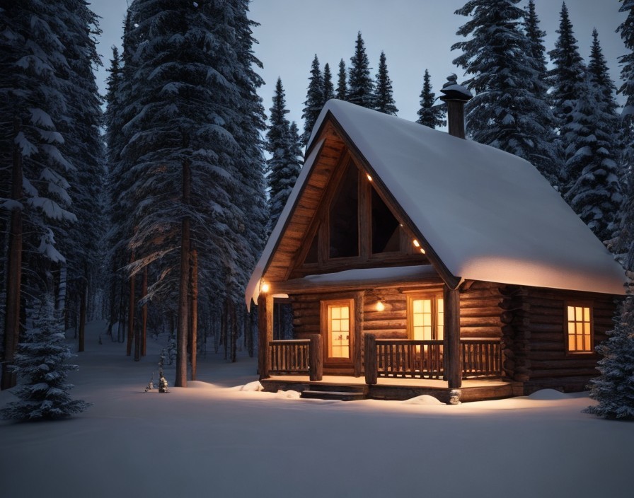 Snowy forest log cabin at twilight: Glowing windows, cozy ambiance
