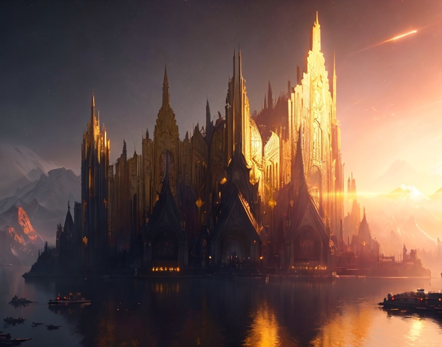 Fantasy city with towering spires at twilight by the river