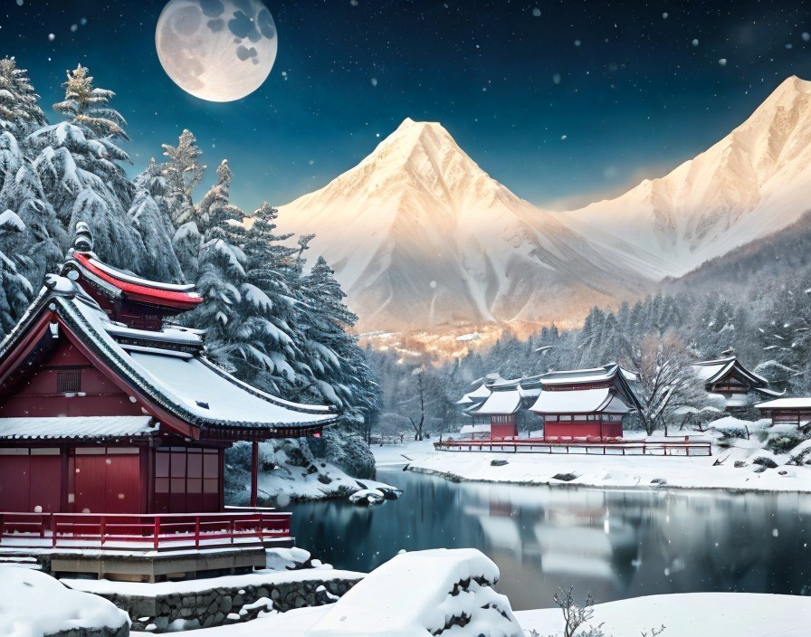 Traditional Japanese architecture in snow-covered winter night scene.