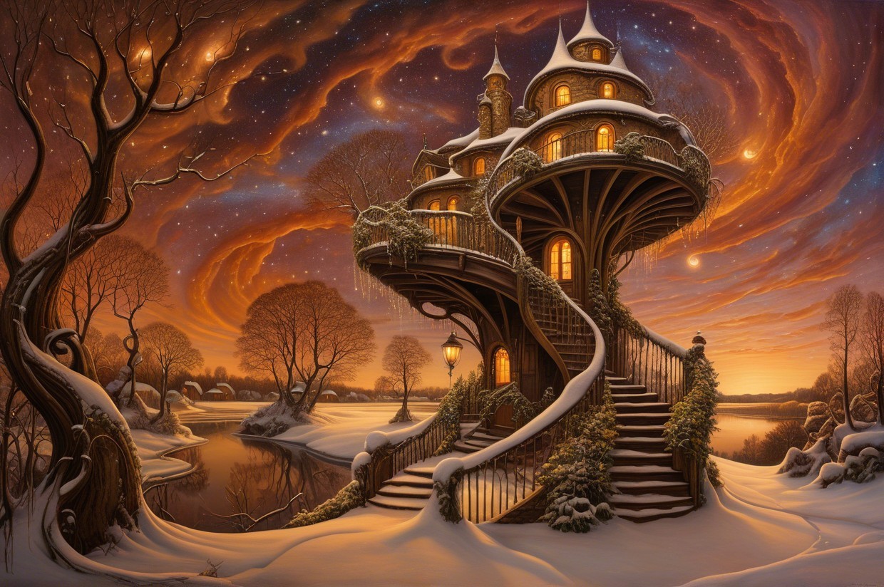 Whimsical Treehouse in a Serene Snowy Landscape