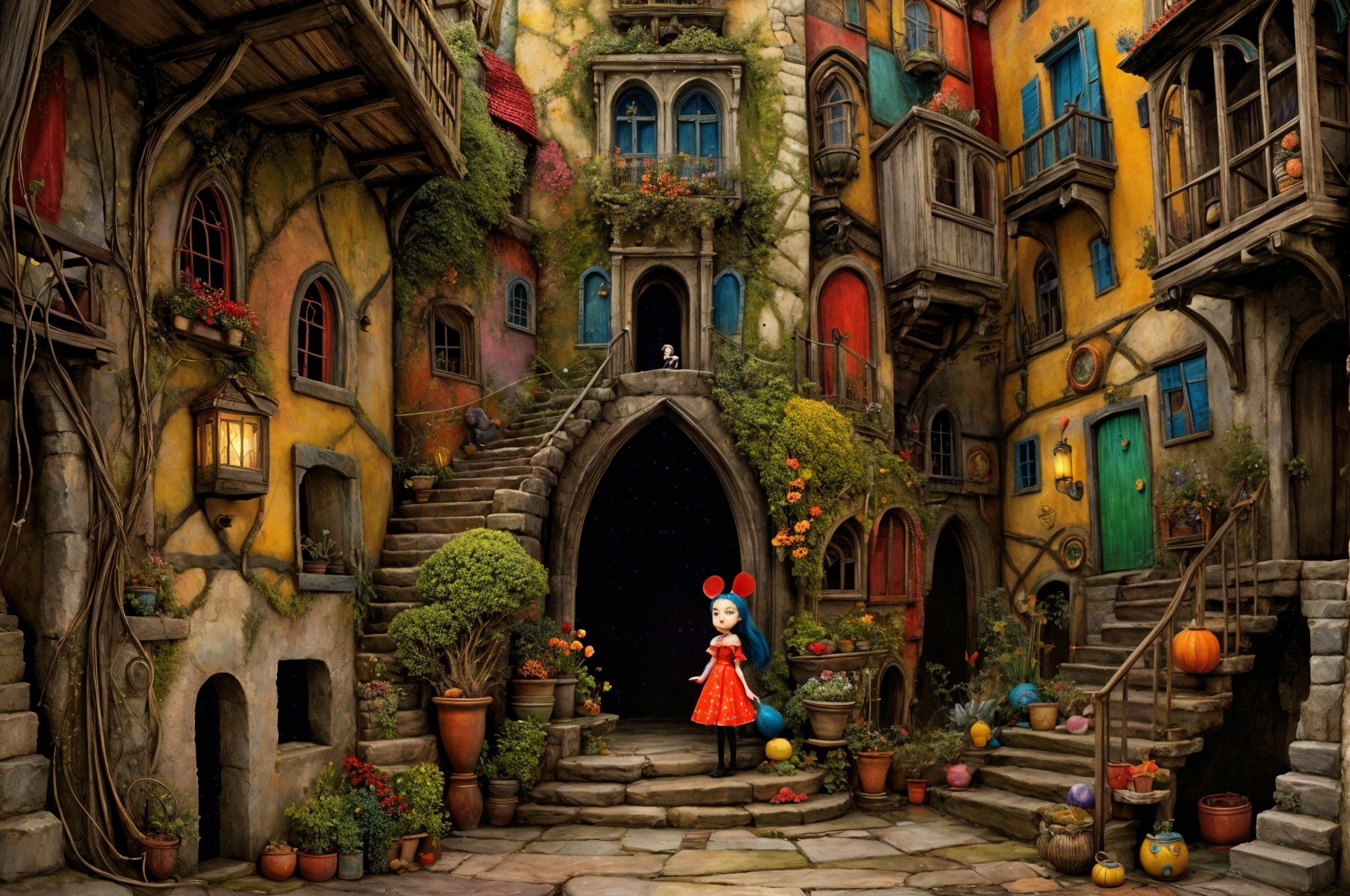 Whimsical Village Scene with Colorful Houses and Lights