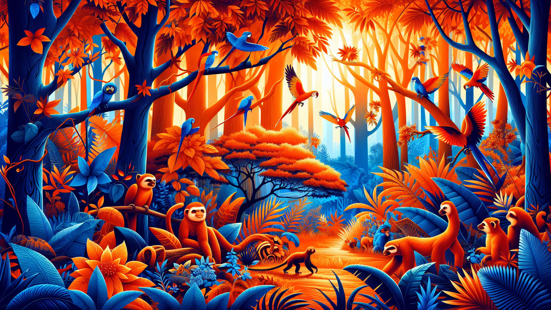 Surreal Jungle Scene with Sloths and Monkeys