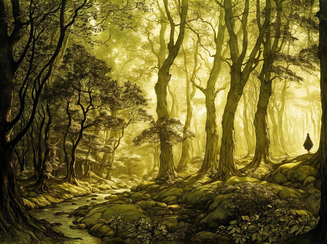 Serene Forest Scene with Golden Light and Stream