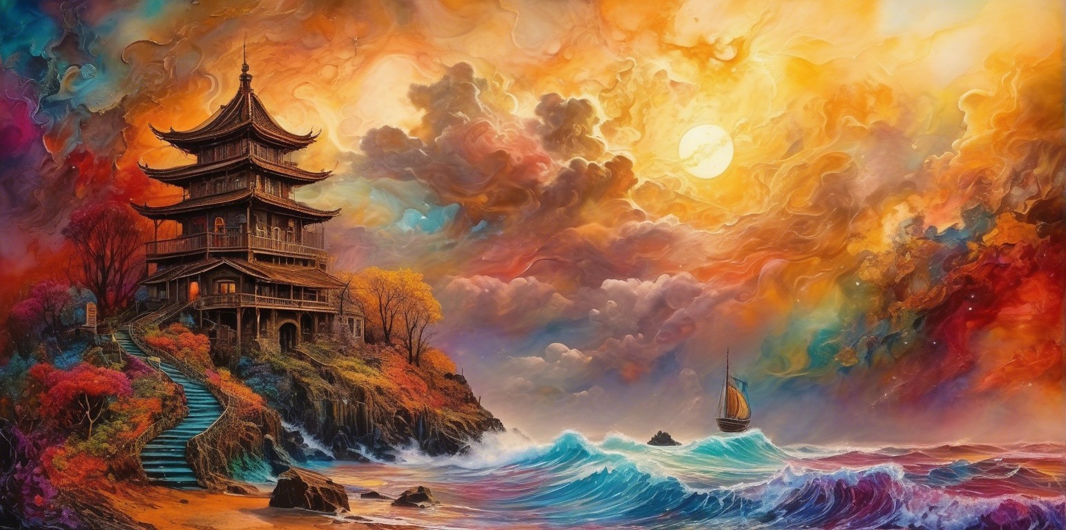 Vibrant Painting of Pagoda on Cliff by Colorful Sea