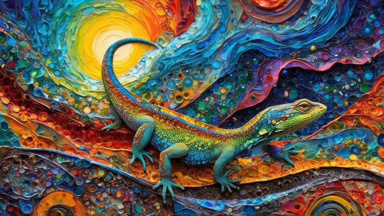 Colorful Lizard in Abstract Vibrant Landscape