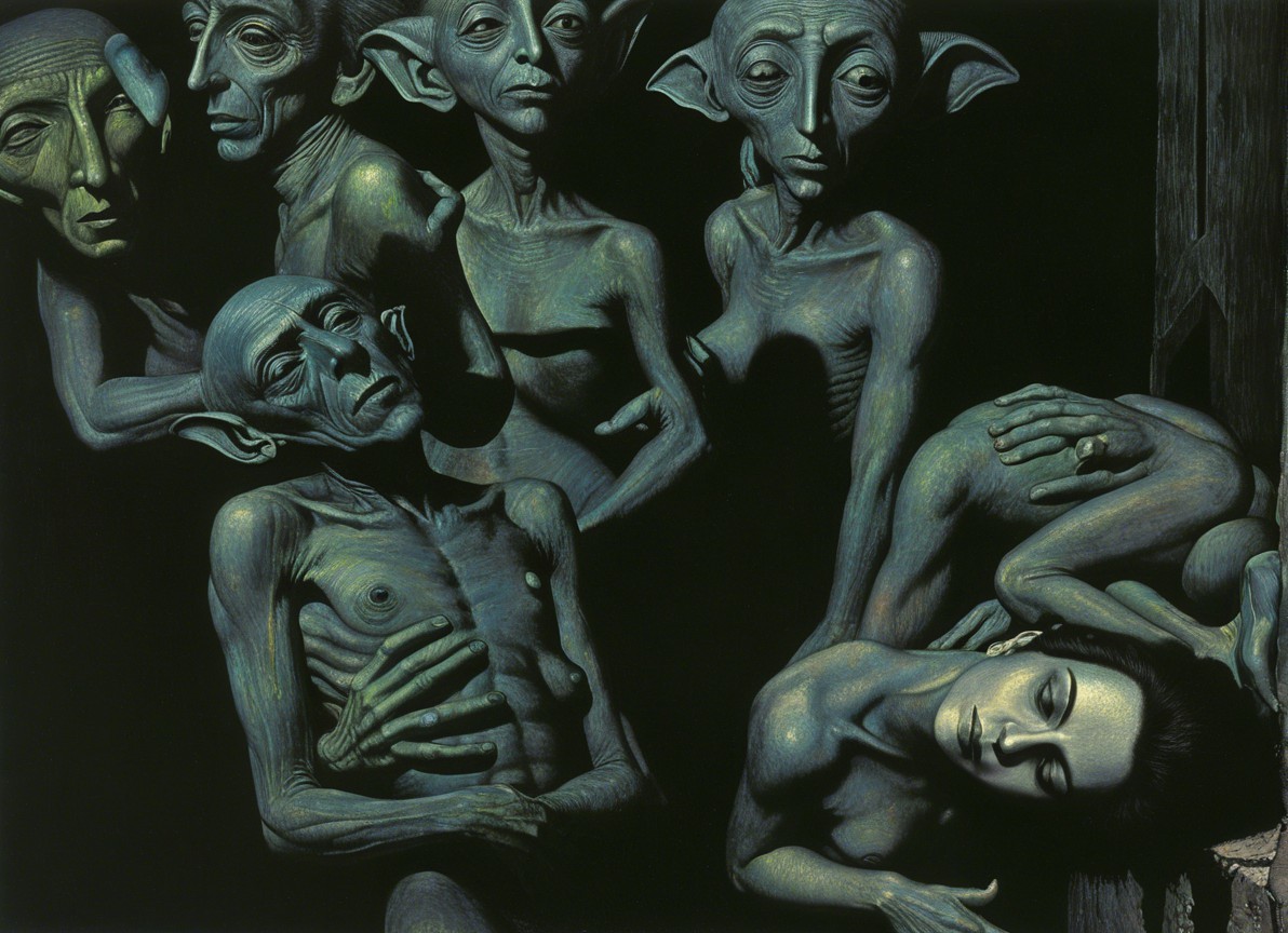 Surreal Composition of Ethereal Figures on Dark Background