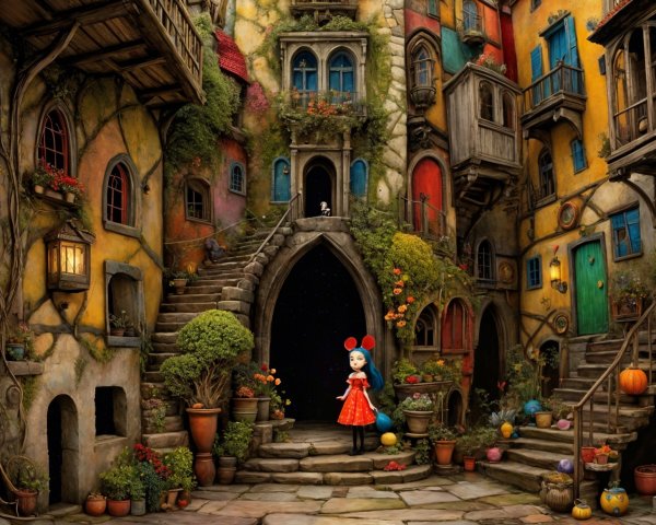 Whimsical Village Scene with Colorful Houses and Lights