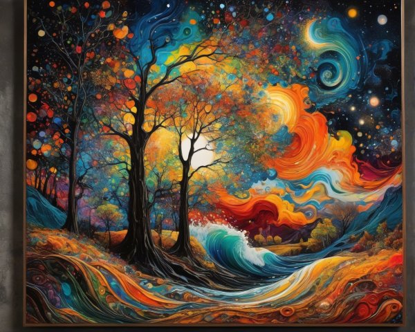 Abstract Night Landscape with Vibrant Colors and Stars