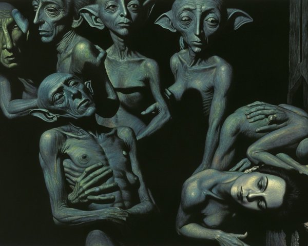 Surreal Composition of Ethereal Figures on Dark Background