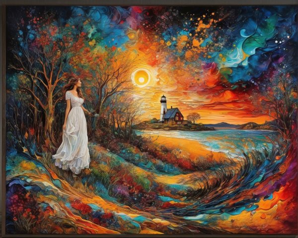 Impressionistic Painting of Woman in Colorful Landscape