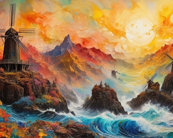 Vibrant Oil Painting of Landscape with Windmills and Moon
